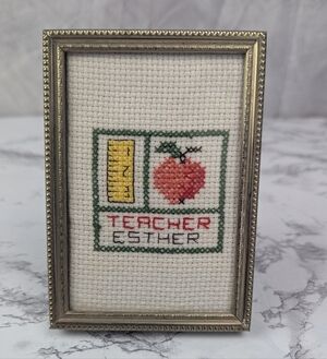 Teacher Esther Cross Stitch Needlepoint Miniature Adorable Handmade 4x5"